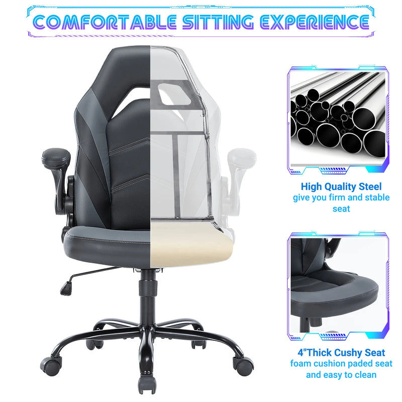 JHK Ergonomic Office Computer Home Gaming Desk Chair Adjustable PU Leather Racing Chair Flip-up Armrest For Christmas Furniture