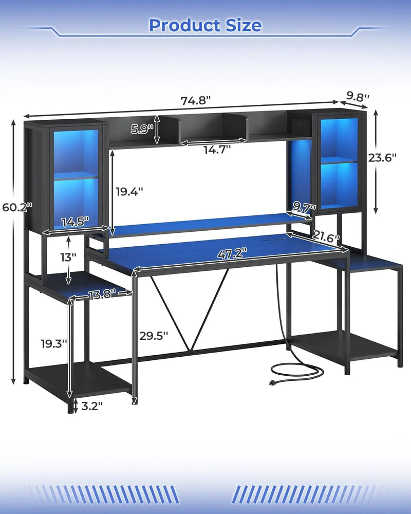 Gaming Desk 74.8'' with LED Lights, Hutch,Computer Desk with Monitor Stand, Large PC Gamer Desk Workstation, Living Room, Black