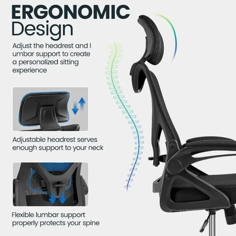 Ergonomic Office Chair, High Back Desk Chair with with flip-up Armrests, Adjustable Padded Headrest Mesh Computer Chair