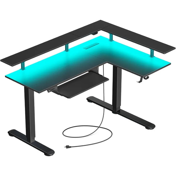 L Shaped Standing Desk with LED Light and Power Outlet, Dual Motor Height Adjustable Electric Standing Desk with Monitor Stand