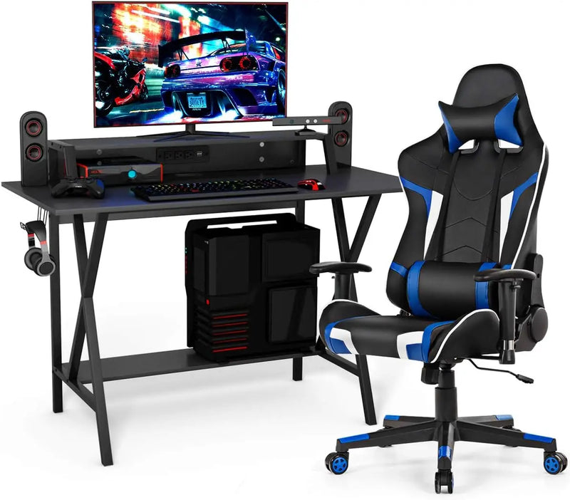 Gaming Desk and Chair Set, Ergonomic E-Sport Gamer Desk & Racing Chair Set w/Cup Holder, Monitor Stand, Earphone Hook,