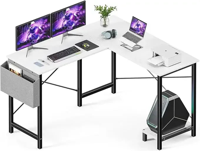 L Shaped Computer Desk Wood Corner PC Gaming Table with Side Storage Bag for Home Office Small Spaces, White