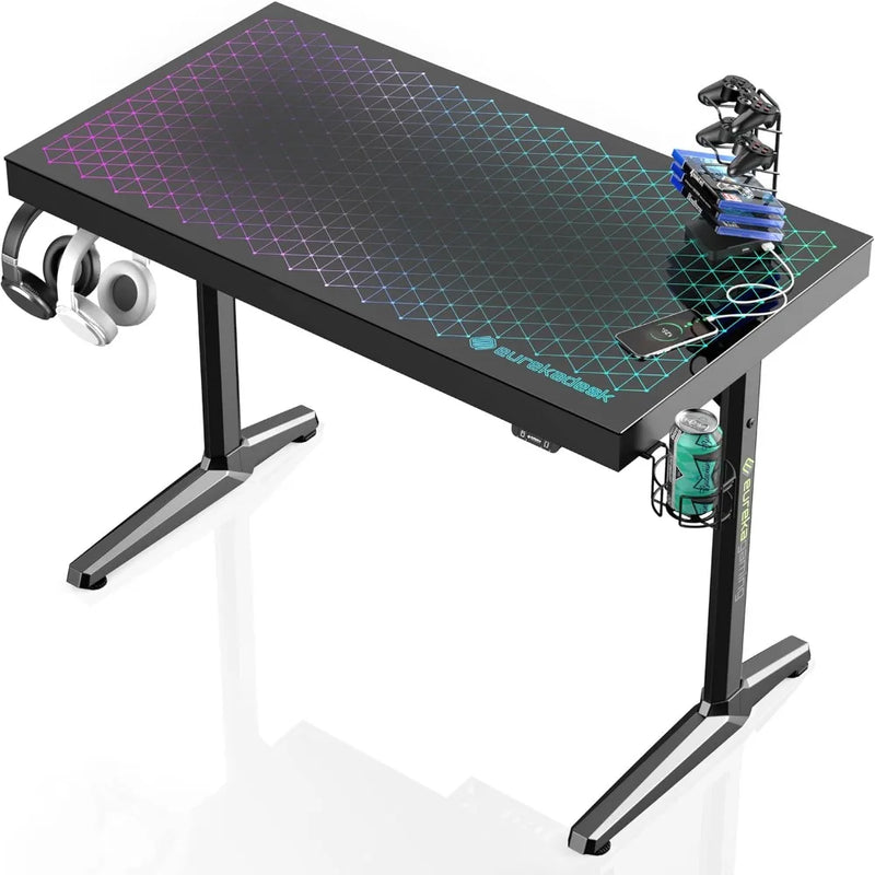 LED Gaming Desk,Music Sync Lights Up Tempered Glass Desktop,43"Computer Table W Controller Rack 4 USB Charging Ports,APP Control