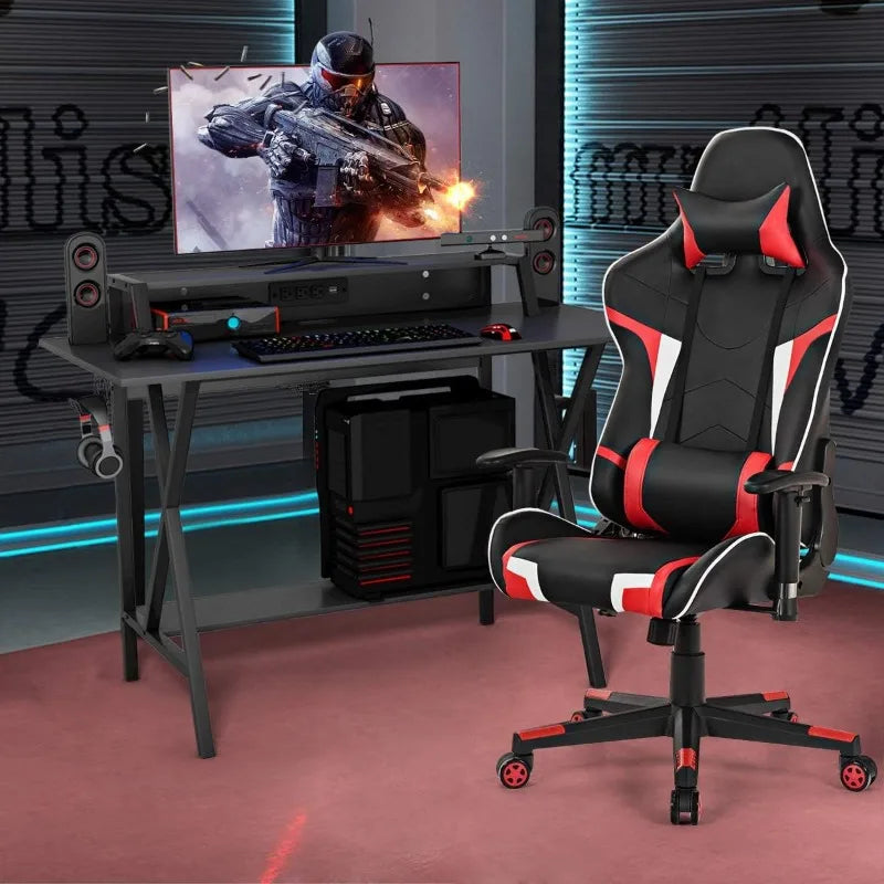 Gaming Desk and Chair Set, Ergonomic E-Sport Gamer Desk & Racing Chair Set w/Cup Holder, Monitor Stand, Earphone Hook,