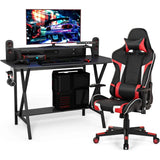 Gaming Desk and Chair Set, Ergonomic E-Sport Gamer Desk & Racing Chair Set w/Cup Holder, Monitor Stand, Earphone Hook,