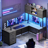 L Shaped Gaming Desk, Reversible Computer Desk with Fabric Drawers and Power Outlet, Gaming Desk with Led Lights