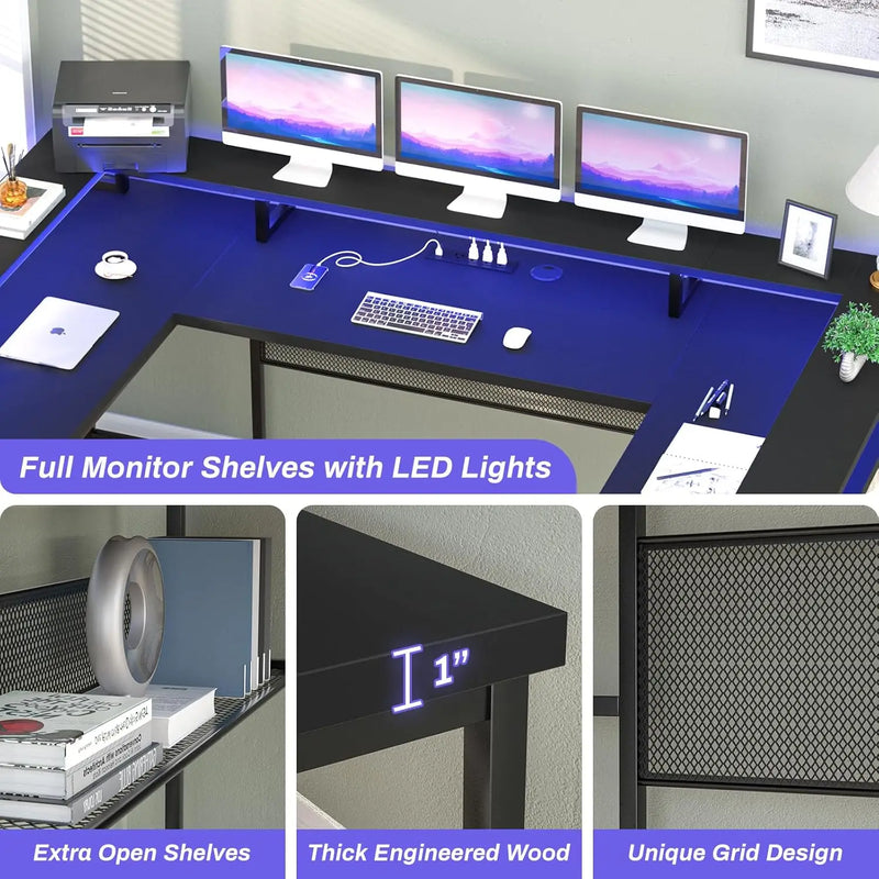 Unikito U-Shaped Desk with LED & Outlets