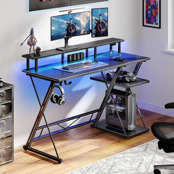 Gaming Desk with LED Lights & Power Outlets,39" Computer Desk with Monitor Stand & Storage Shelf,Gaming Table with Earphone Hook