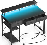 Computer Desk with Power Outlets & LED Light, 39 inch Home Office Desk with 3 Drawers and Storage Shelves