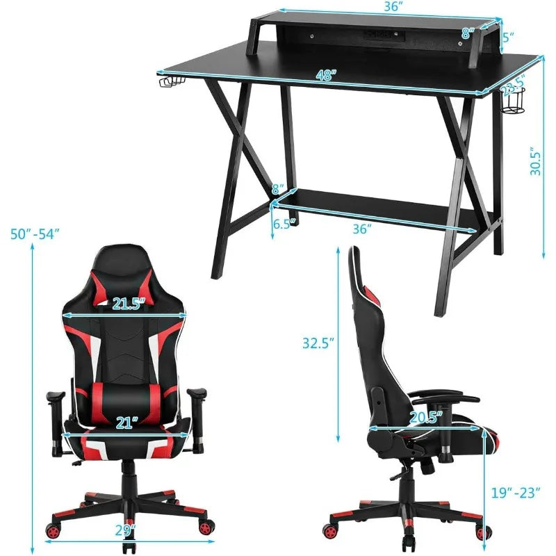 Gaming Desk and Chair Set, Ergonomic E-Sport Gamer Desk & Racing Chair Set w/Cup Holder, Monitor Stand, Earphone Hook,