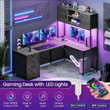 L Shaped Gaming Desk, Reversible Computer Desk with Fabric Drawers and Power Outlet, Gaming Desk with Led Lights