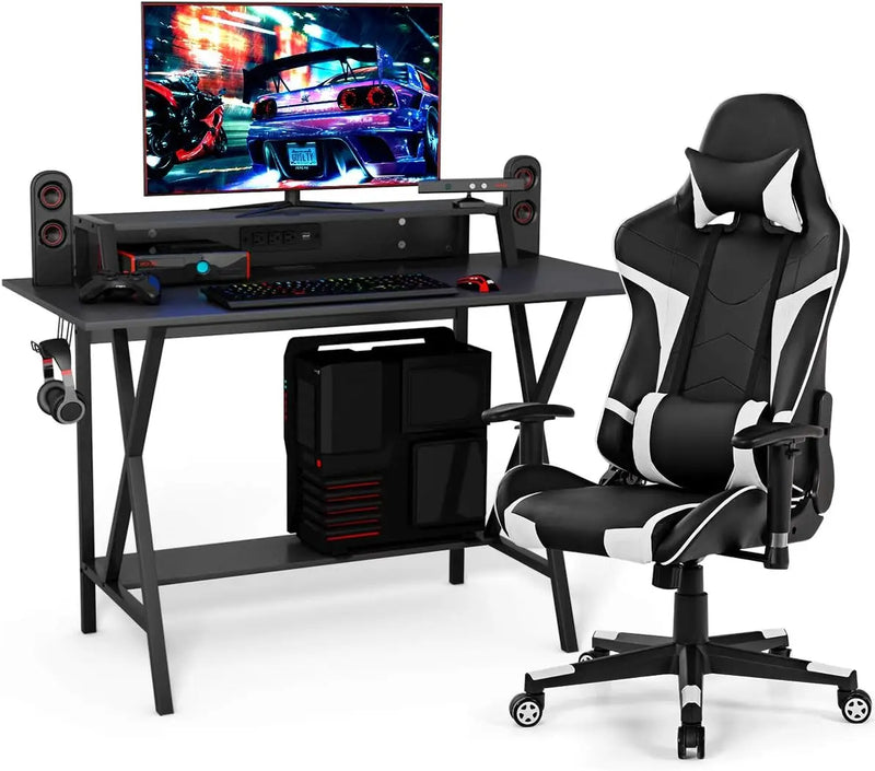 Gaming Desk and Chair Set, Ergonomic E-Sport Gamer Desk & Racing Chair Set w/Cup Holder, Monitor Stand, Earphone Hook,