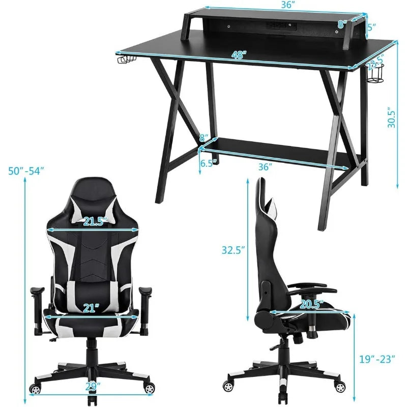 Gaming Desk and Chair Set, Ergonomic E-Sport Gamer Desk & Racing Chair Set w/Cup Holder, Monitor Stand, Earphone Hook,