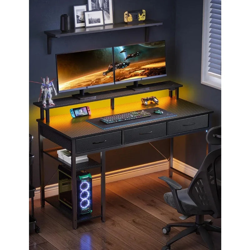 Computer Desk with Power Outlets & LED Light, 39 inch Home Office Desk with 3 Drawers and Storage Shelves