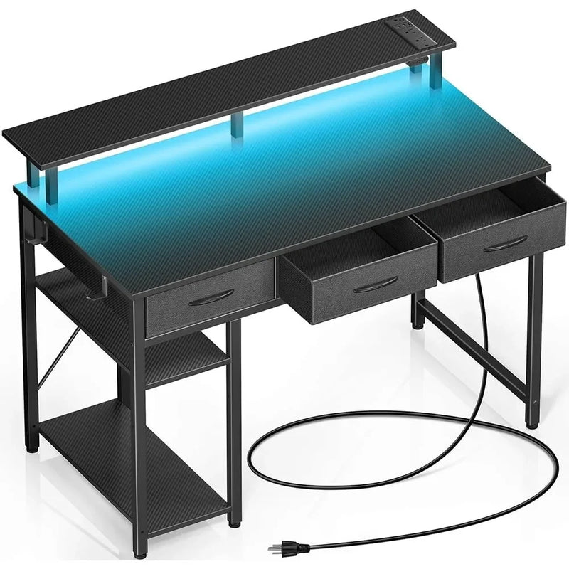 Computer Desk with Power Outlets & LED Light, 39 inch Home Office Desk with 3 Drawers and Storage Shelves