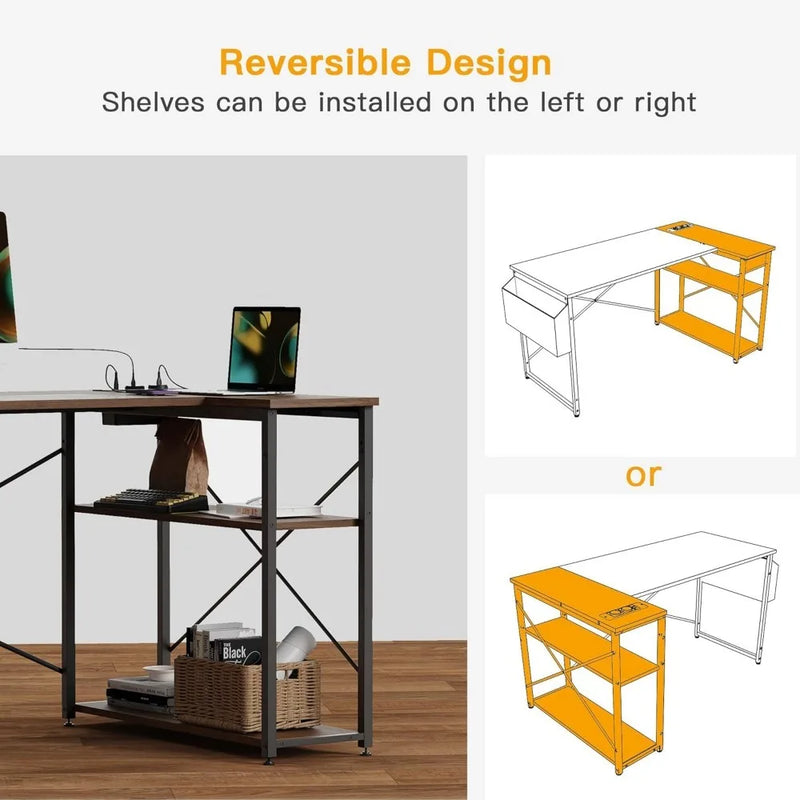 L Shaped Computer Desk with Reversible Shelves, Gaming Desk Study Writing Desk for Home Office Bedroom Small Space