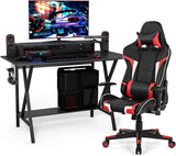 Gaming Desk and Chair Set, Ergonomic E-Sport Gamer Desk & Racing Chair Set w/Cup Holder, Monitor Stand, Earphone Hook,