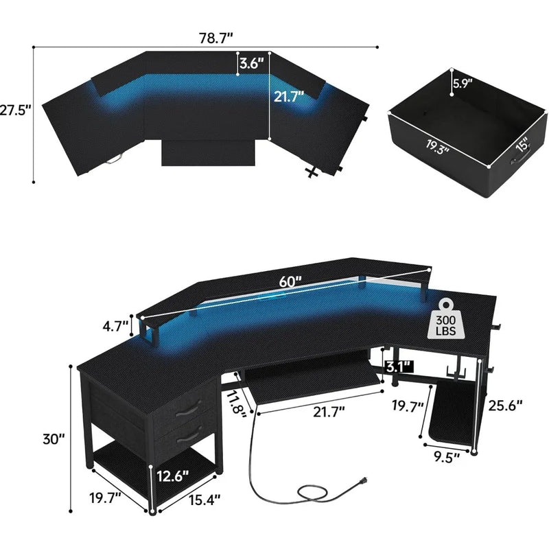 79" Gaming  Computer Desk with 2 Fabric Drawers & LED Light, L Shaped Gaming Desk with Storage Shelf for Home Office