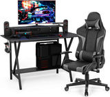 Gaming Desk and Chair Set, Ergonomic E-Sport Gamer Desk & Racing Chair Set w/Cup Holder, Monitor Stand, Earphone Hook,