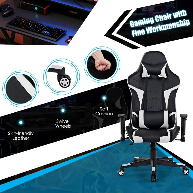 Gaming Desk and Chair Set, Ergonomic E-Sport Gamer Desk & Racing Chair Set w/Cup Holder, Monitor Stand, Earphone Hook,