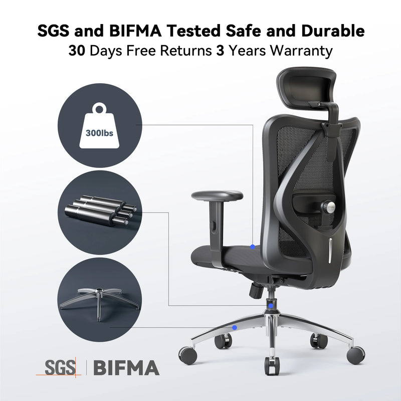 SIHOO M18 Ergonomic Office Chair for Big and Tall People Adjustable Headrest with 2D Armrest Lumbar Support and PU Wheels Swivel