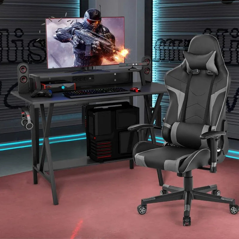 Gaming Desk and Chair Set, Ergonomic E-Sport Gamer Desk & Racing Chair Set w/Cup Holder, Monitor Stand, Earphone Hook,