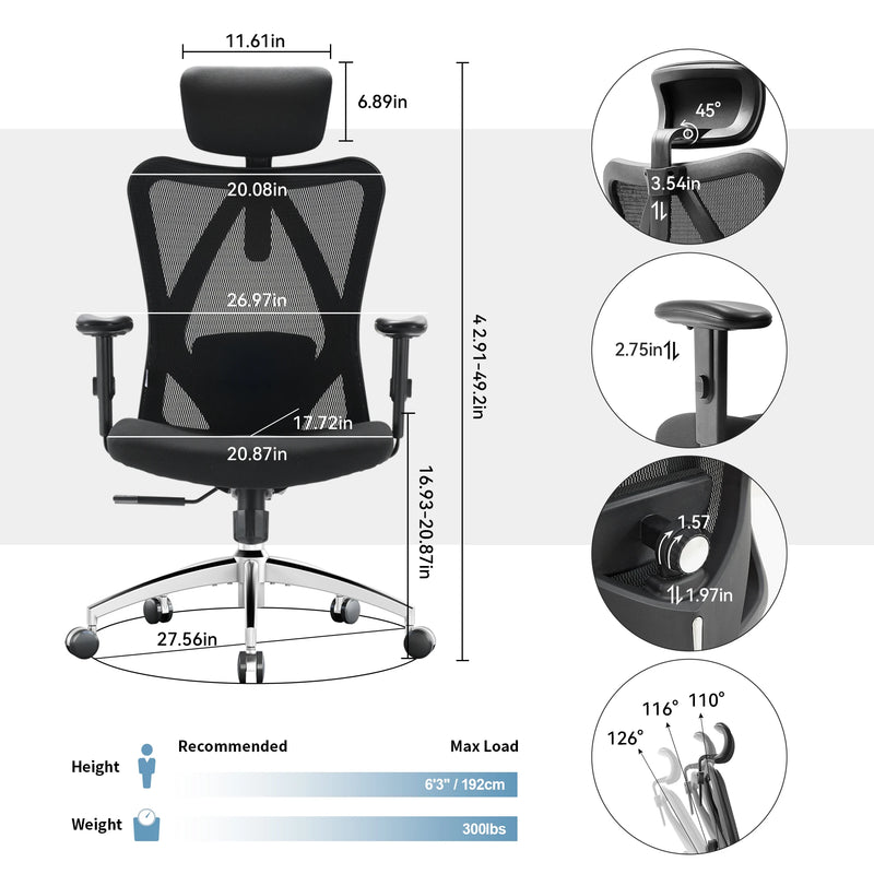 SIHOO M18 Ergonomic Office Chair for Big and Tall People Adjustable Headrest with 2D Armrest Lumbar Support and PU Wheels Swivel