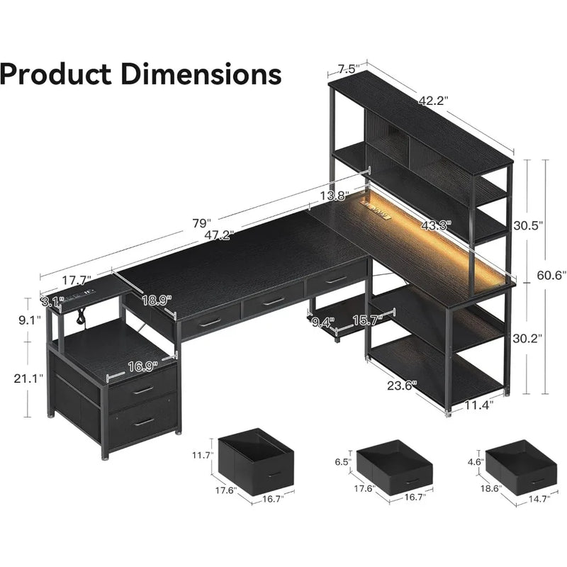 L-Shaped Desk with File Drawers, Power Outlets & LED Lights.Reversible Computer Gaming Desk with Storage Shelves for Home Office