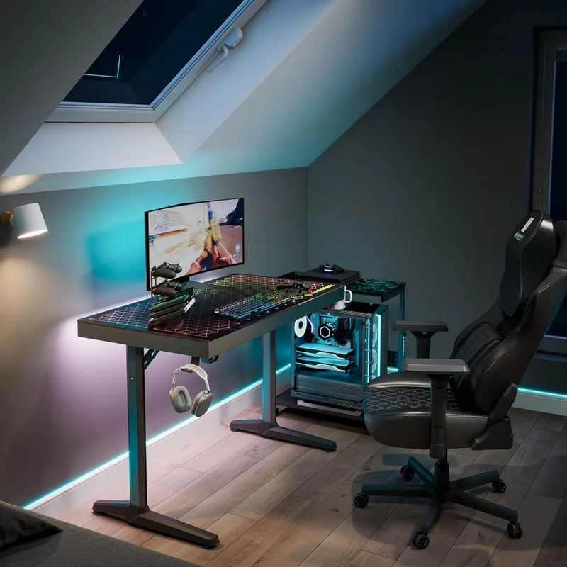 LED Gaming Desk,Music Sync Lights Up Tempered Glass Desktop,43"Computer Table W Controller Rack 4 USB Charging Ports,APP Control