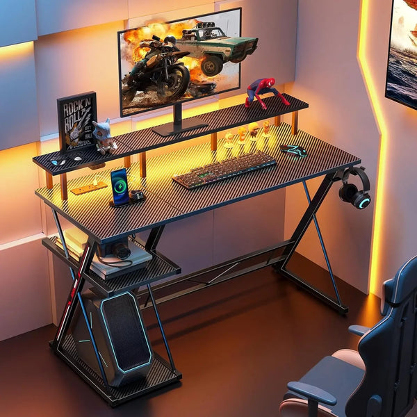 Gaming Desk with LED Lights & Power Outlets,39" Computer Desk with Monitor Stand & Storage Shelf,Gaming Table with Earphone Hook