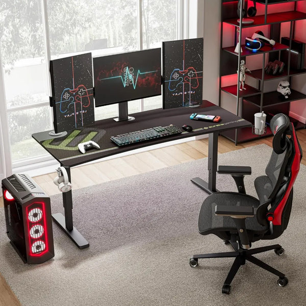 63 Inch Computer Desk Large Manual Height Adjustable Gaming Desk, Home Office Studio Table Dual 3 Monitor Curve Edge Desk Mouse