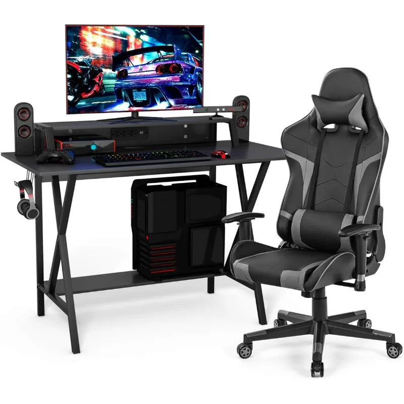 Gaming Desk and Chair Set, Ergonomic E-Sport Gamer Desk & Racing Chair Set w/Cup Holder, Monitor Stand, Earphone Hook,