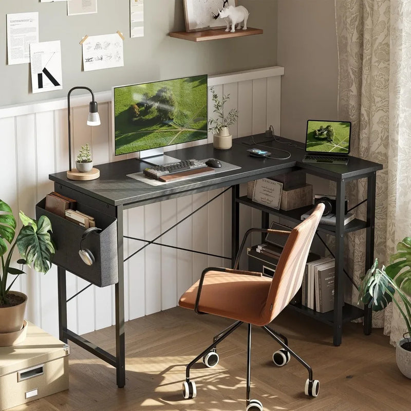 L Shaped Computer Desk with Reversible Shelves, Gaming Desk Study Writing Desk for Home Office Bedroom Small Space