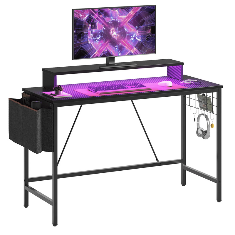 41.7 inch Gaming Desk with LED Monitor Stand, Storage Pocket, Gaming Room and Home Office, Carbon Fiber Patten