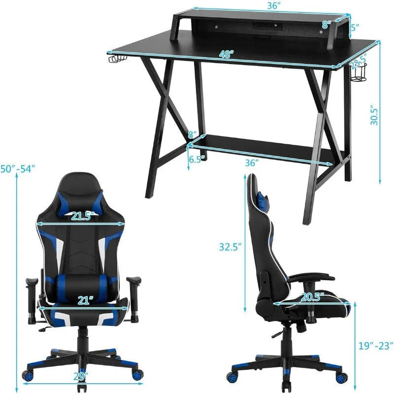 Gaming Desk and Chair Set, Ergonomic E-Sport Gamer Desk & Racing Chair Set w/Cup Holder, Monitor Stand, Earphone Hook,