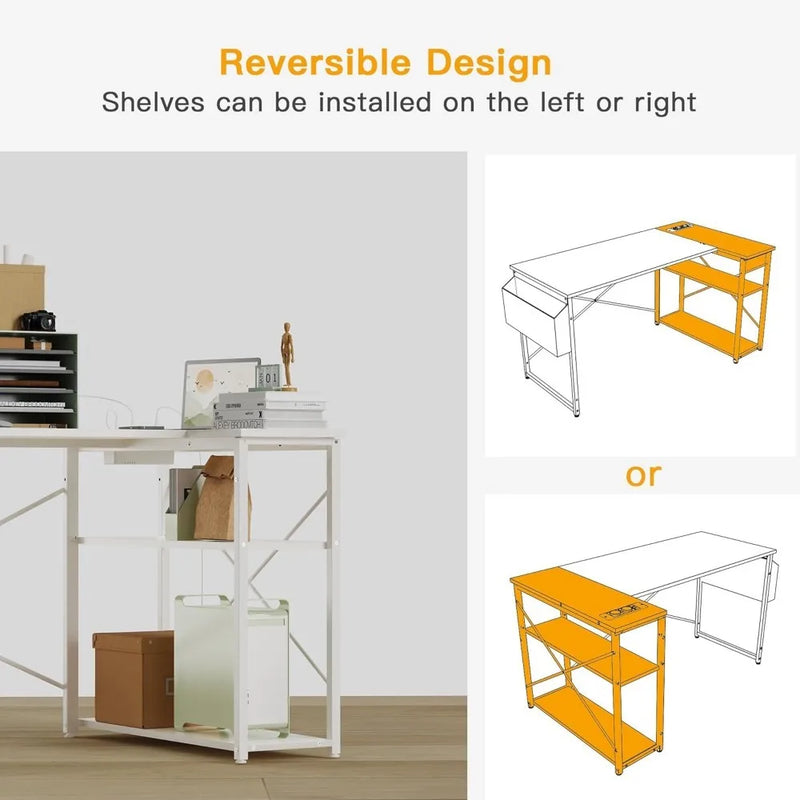 L Shaped Computer Desk with Reversible Shelves, Gaming Desk Study Writing Desk for Home Office Bedroom Small Space