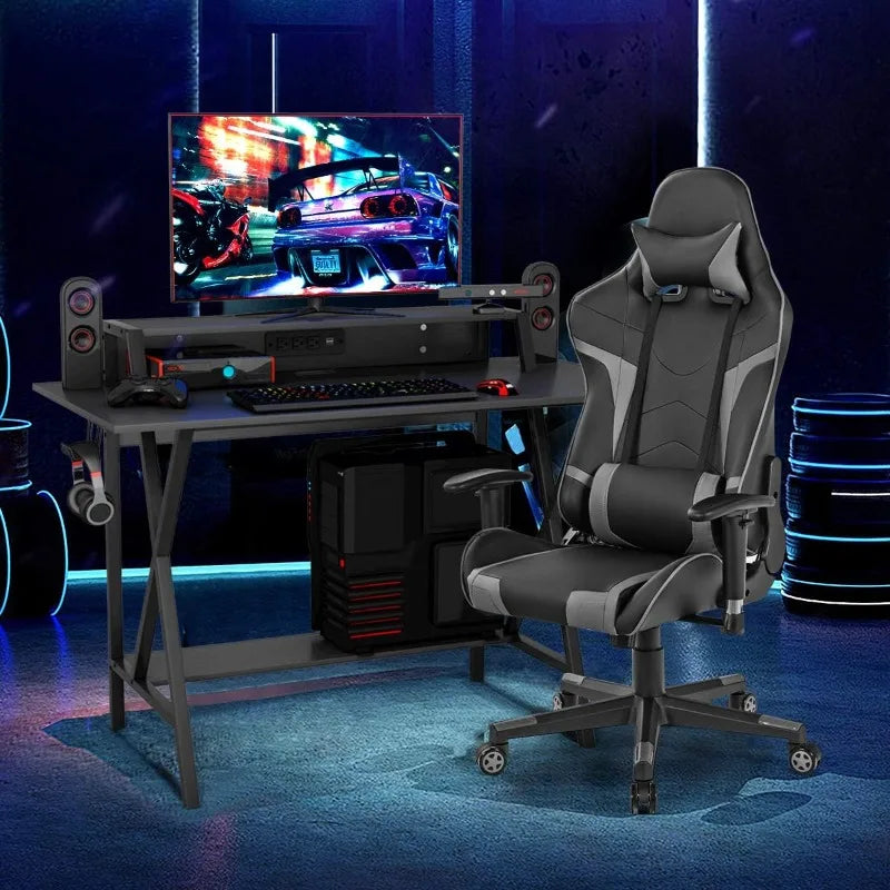 Gaming Desk and Chair Set, Ergonomic E-Sport Gamer Desk & Racing Chair Set w/Cup Holder, Monitor Stand, Earphone Hook,