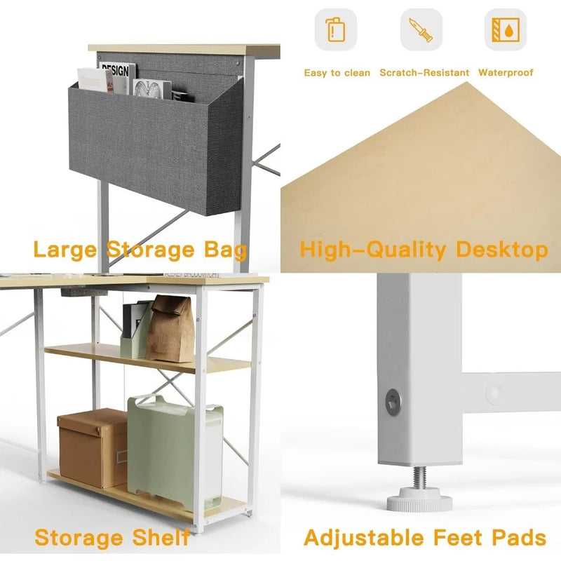 L Shaped Computer Desk with Reversible Shelves, Gaming Desk Study Writing Desk for Home Office Bedroom Small Space