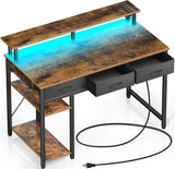 Computer Desk with Power Outlets & LED Light, 39 inch Home Office Desk with 3 Drawers and Storage Shelves