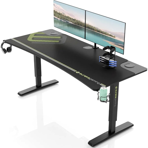 63 Inch Computer Desk Large Manual Height Adjustable Gaming Desk, Home Office Studio Table Dual 3 Monitor Curve Edge Desk Mouse