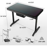 LED Gaming Desk,Music Sync Lights Up Tempered Glass Desktop,43"Computer Table W Controller Rack 4 USB Charging Ports,APP Control