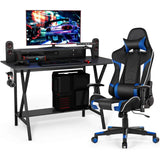 Gaming Desk and Chair Set, Ergonomic E-Sport Gamer Desk & Racing Chair Set w/Cup Holder, Monitor Stand, Earphone Hook,